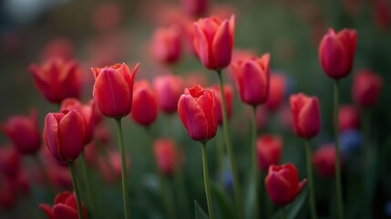 Macro Photograph of Vibrant Red Flowers in Grass with Blurred Background