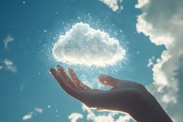 Hand holding a bright cloud computing in the sky