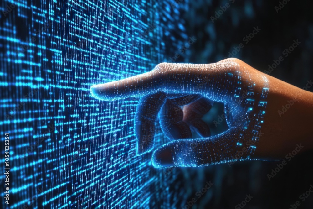 Poster hand touching futuristic screen showing big data flow