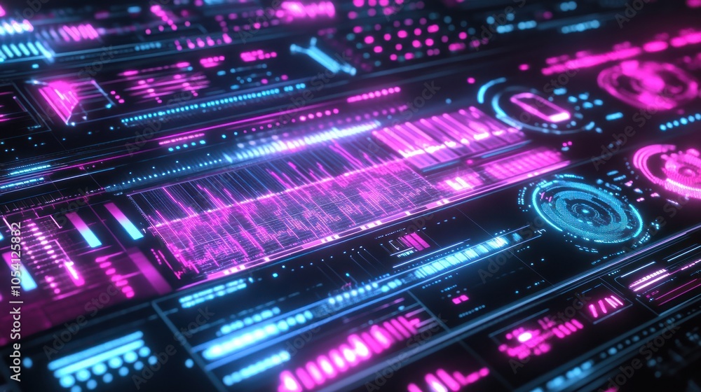 Poster futuristic digital interface with glowing blue and pink elements, displaying data and graphs on a bl