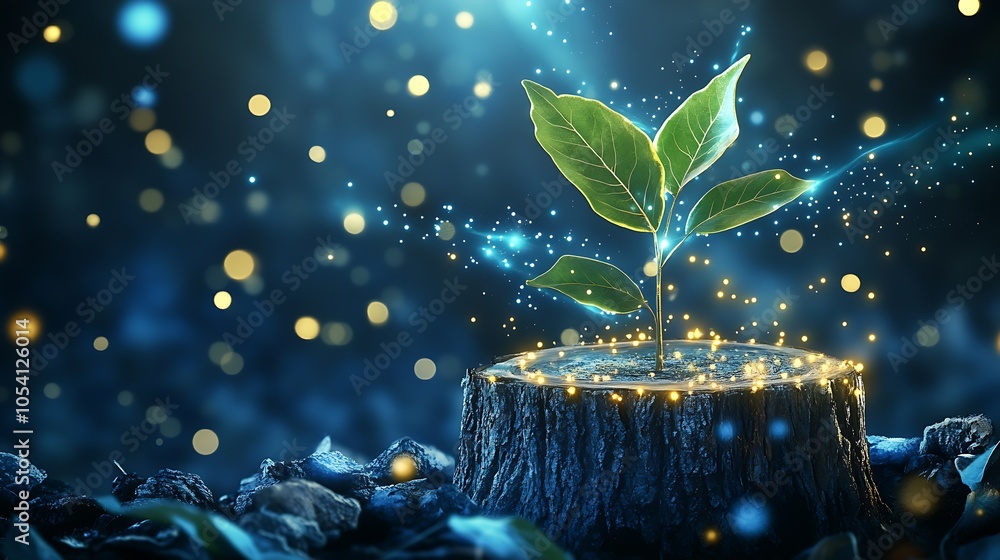Poster magical growth illuminating a tree stump with new leaves and sparkling energy : generative ai