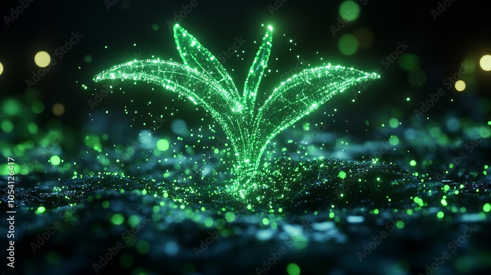 Poster digital green sprout with glowing particles in a futuristic environment : generative ai