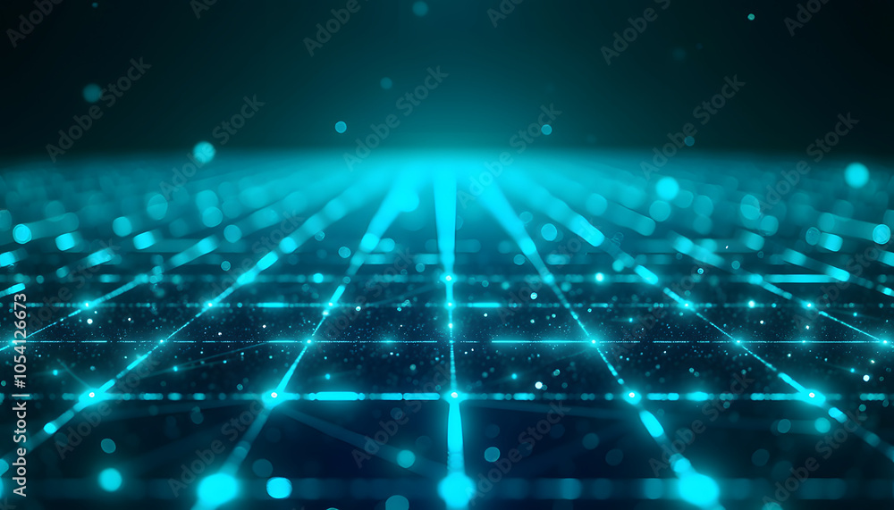 Poster glowing digital grid in electric blue and green with interconnected nodes and data points