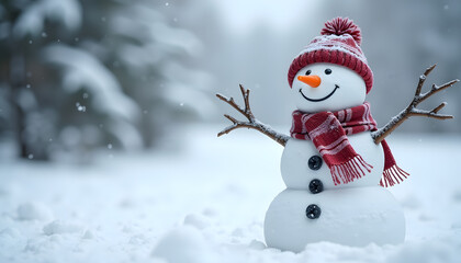 Cheerful snowman with carrot nose and scarf standing in snowy winter landscape