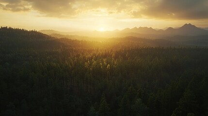 Obraz premium A vast forest stretching out as far as the eye can see, with the sun setting behind the distant mountains