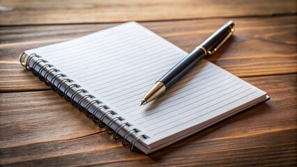 A blank lined notebook with a black and gold pen rests on a rustic wooden surface, waiting for inspiration to strike.