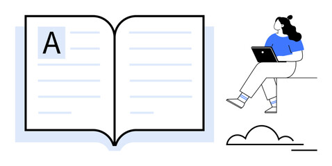 Woman sitting on a ledge with a laptop next to an open book, large letter A, lines of text, cloud. Ideal for education, e-learning, online courses, study habits, literacy, remote work. Line metaphor