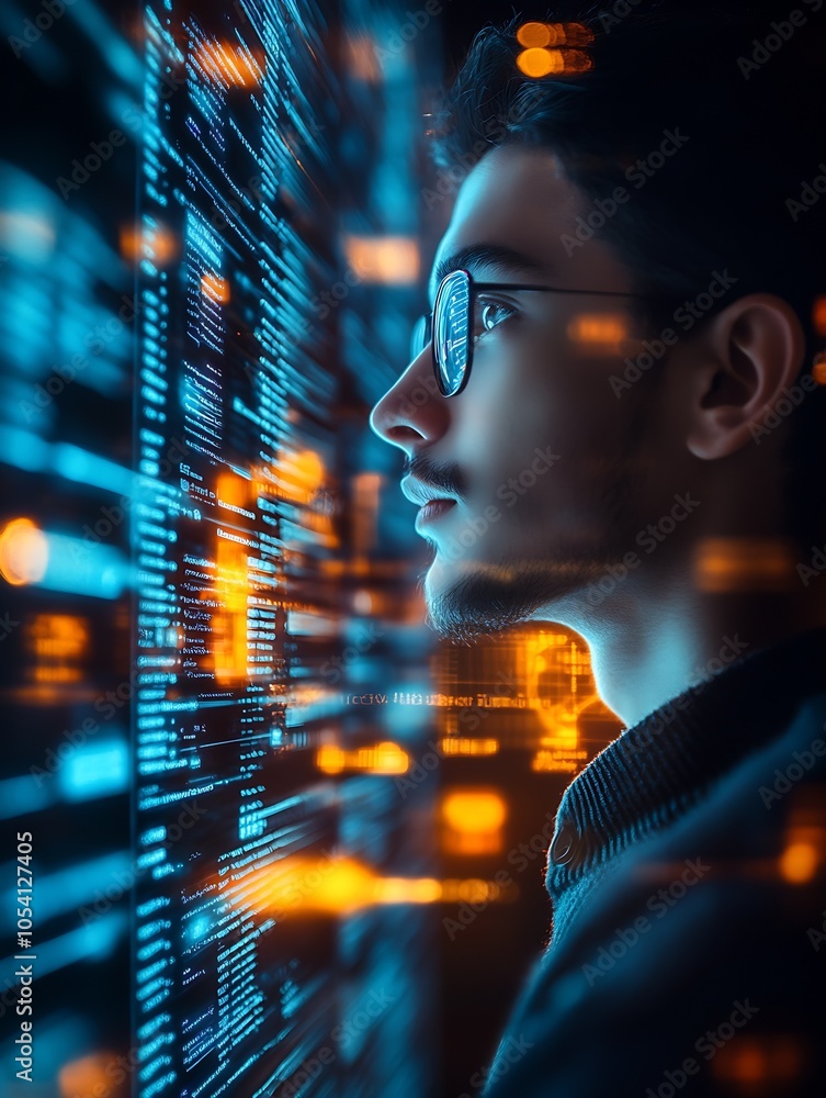 Leinwandbilder Male programmer analyzing futuristic technology interface with digital code reflections : Generative AI