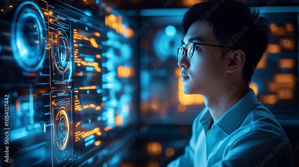 Aufkleber Technology Professional Analyzing Data Interfaces on Futuristic Digital Screens : Generative AI