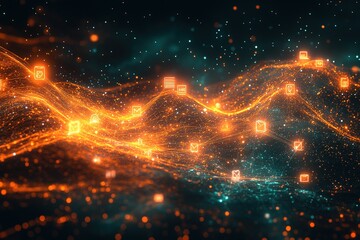 Obraz premium Abstract digital wave with glowing icons, representing data flow and connection.