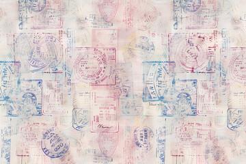 Obraz premium passport stamps, showcasing the diversity of global travel trails and borders. Impressionism meets contemporary art in neutral tones, various travel gear and scrapbooking paper.