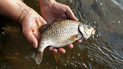 Hands holding a freshly caught fish, glistening with water, showcasing details of scales against a...