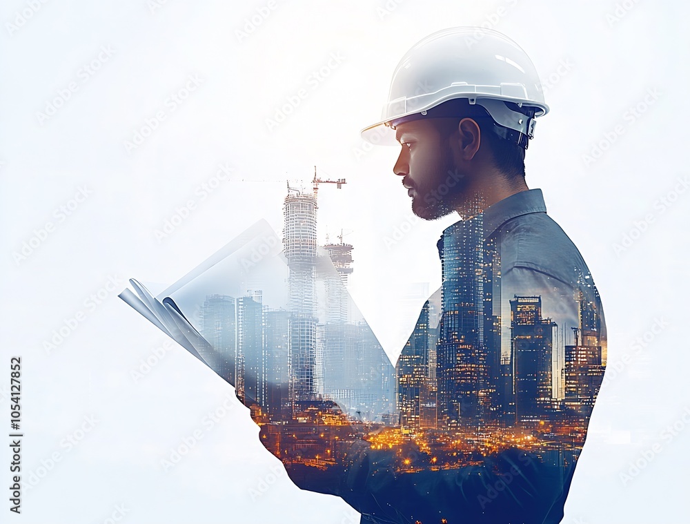 Poster Construction engineer with cityscape exposure reading blueprints : Generative AI