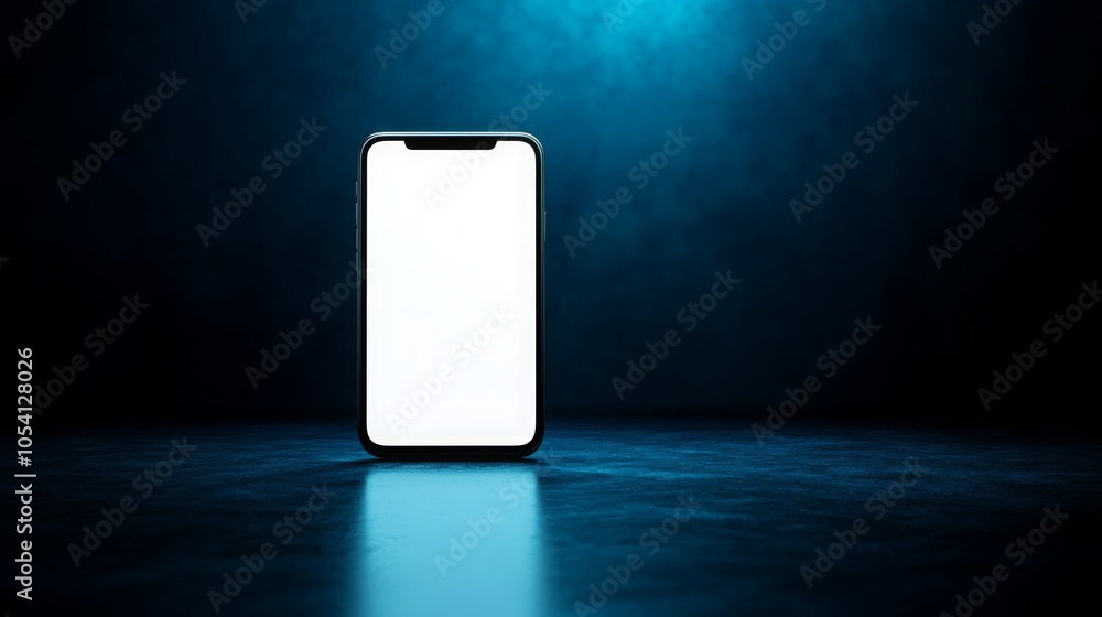 Poster a sleek smartphone stands upright on a reflective surface in a dimly lit environment.