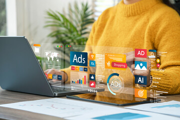 Businesswoman doing digital marketing and online advertising to target customers. Online sales...