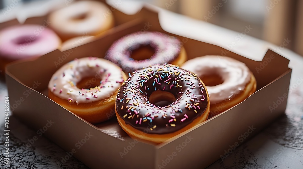 Poster assorted glazed donuts with colorful sprinkles in a box ready to enjoy : generative ai