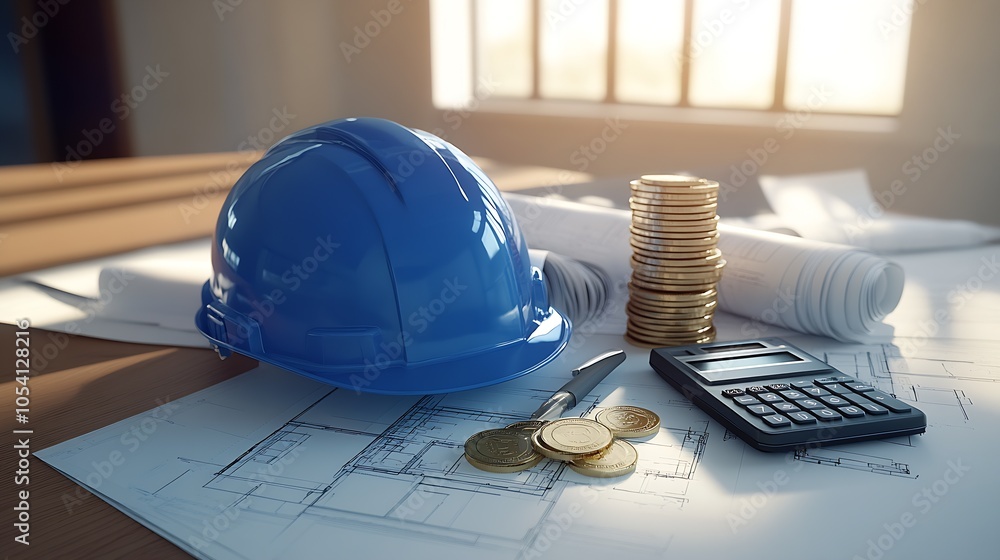Poster Architectural Planning with Safety Helmet Coins and Calculator : Generative AI