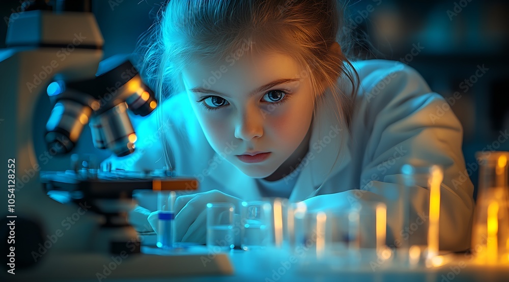 Poster curious child scientist in lab coat inspecting samples with microscope : generative ai