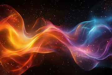 Fototapeta premium Abstract flowing wave of light with glowing particles against a dark background.