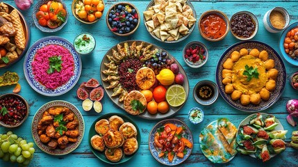 A vibrant iftar feast with colorful dishes, fruits, and desserts, reflecting the joy of Ramadan