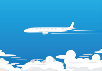 Airplane flies between blue sky seen from side