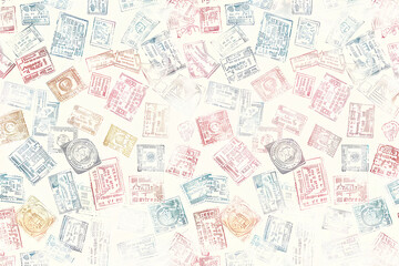 passport stamps, showcasing the diversity of global travel trails and borders. Impressionism meets contemporary art in neutral tones, various travel gear and scrapbooking paper.