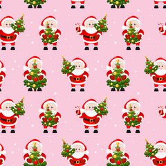 Seamless pattern with Cute Santa Claus and Christmas tree on pink background. Merry Christmas and happy new year. Design for print, wrapping paper, textile, fabric, wallpaper
