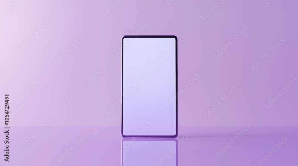 Poster a smartphone with a white screen stands upright on a purple surface, reflecting light from its surro
