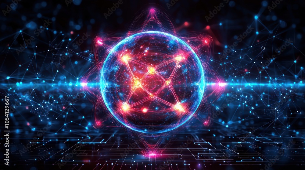 Poster glowing sphere with interconnected lines and circuitry