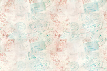 Obraz premium passport stamps, showcasing the diversity of global travel trails and borders. Impressionism meets contemporary art in neutral tones, various travel gear and scrapbooking paper.