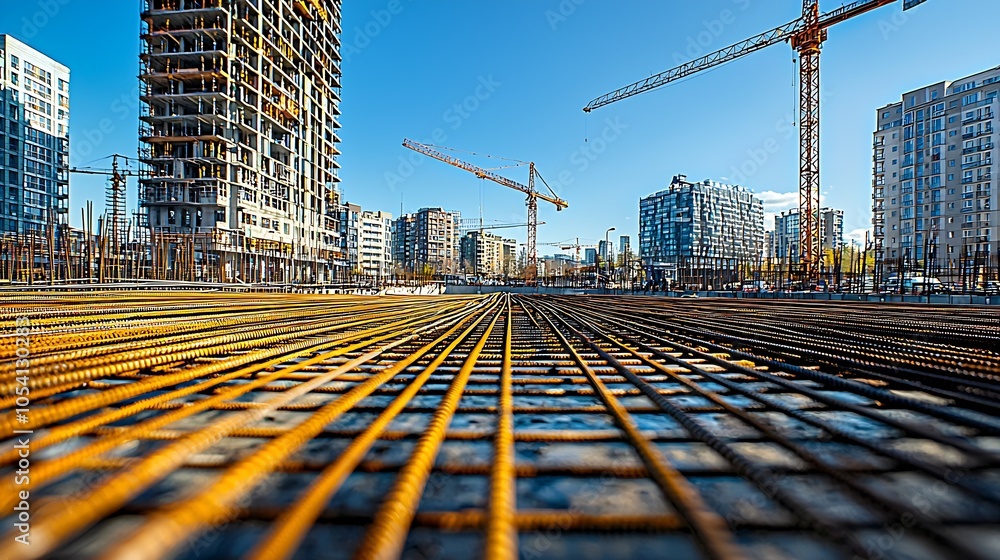 Poster perspective view of reinforcing steel rebar grid at urban construction site development : generative