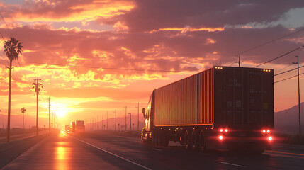 Obraz premium Truck on the road at sunset. Freight transportation concept.