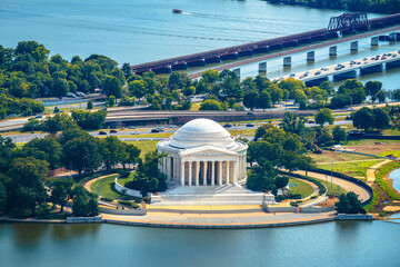 Washington DC aerial panoramic view of Jefferson memorial and Potomac river