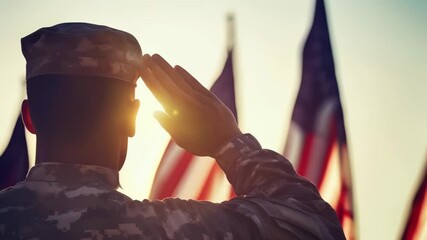 Patriotic veteran saluting the flag during a veterans day or memorial day celebration at sunset, honoring military service and sacrifice
