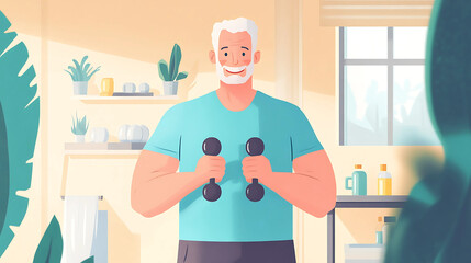 Obraz premium Elderly man doing exercises with dumbbells at home. Vector illustration