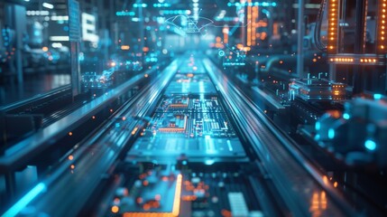 Obraz premium Microchips moving along a futuristic conveyor belt with glowing lights and digital data in a high tech automated factory, showcasing the advancements in technology and manufacturing processes