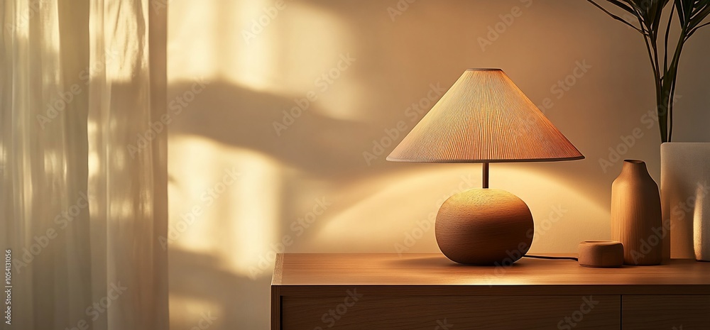 Poster a warm light casts a soft glow on a wooden table with a lamp and a vase.