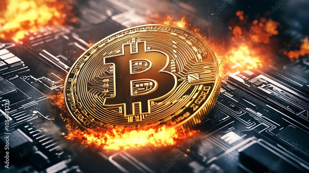 Aufkleber fiery bitcoin coin surrounded by flames in a technological ambiance representing digital finance : g