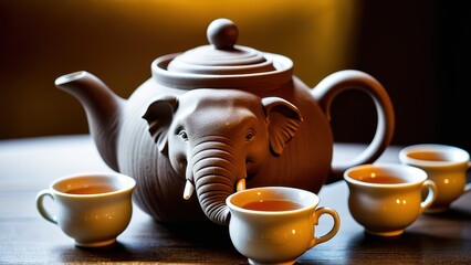 A beautifully crafted clay teapot with an elephant-shaped design, accompanied by an ornate teacup. Perfect for tea lovers and collectors of unique teaware.
