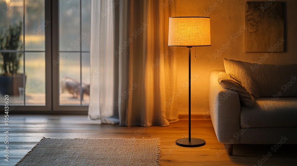 Poster a warm, inviting living room with a floor lamp casting a soft glow, a comfortable sofa and a window 