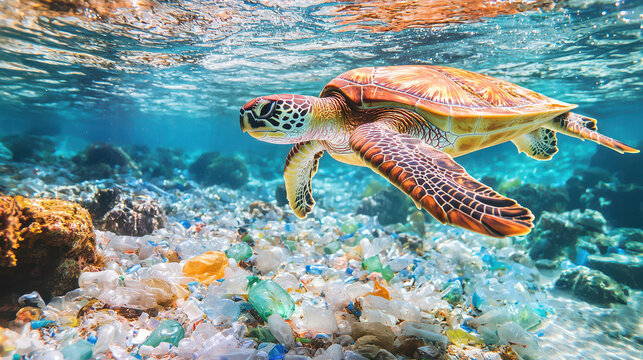Green sea turtle swimming above colorful plastic waste on ocean floor, emphasizing marine pollution and environmental issues