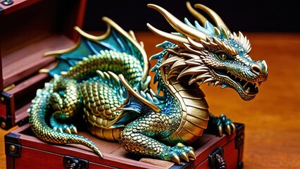 Obraz premium This artistic dragon sculpture, perched over a treasure box, offers a stunning centerpiece for fantasy decor or collector's shelves.
