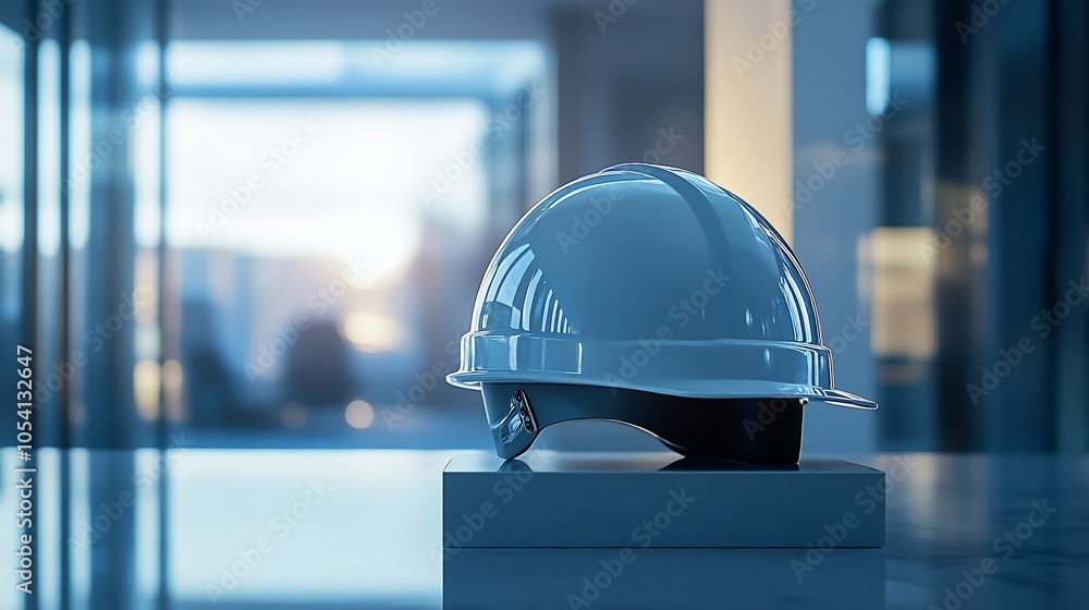 Poster a white hard hat sits on a block in an office setting.