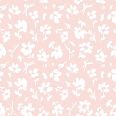 All over vector seamless repeat pattern with ditsy tossed white flowers on light soft pink blush background. Simple and versatile retro cottage everyday ditsy floral backdrop. Shabby chic floral.