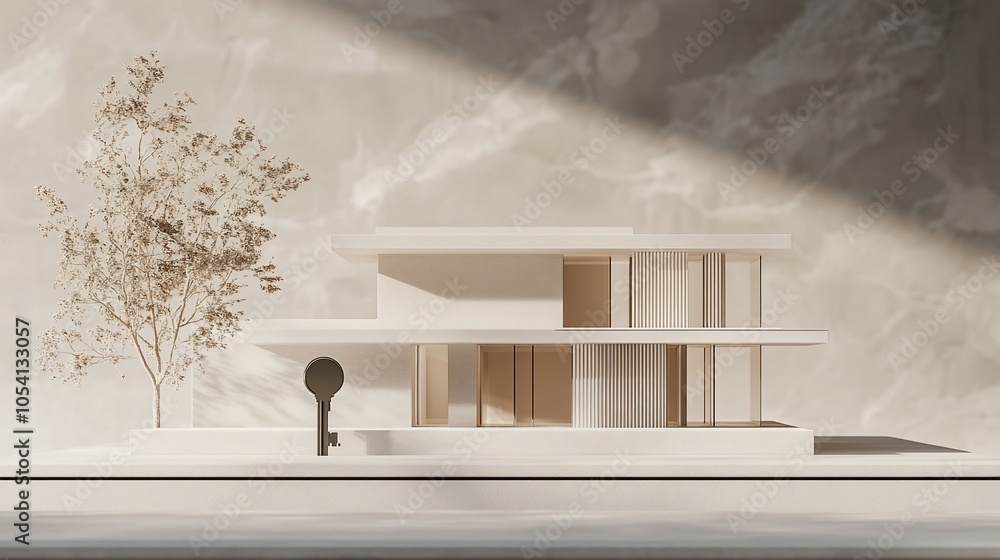 Poster a white minimalist house with a large key shadow, symbolizing home ownership or security.