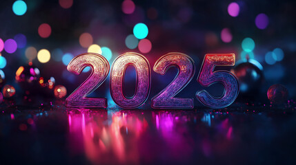3D text "2025" glowing with a colorful light effect on a dark background, with glitter and bokeh effects. A New Year celebration concept design vector illustration. a colored cartoon style vector