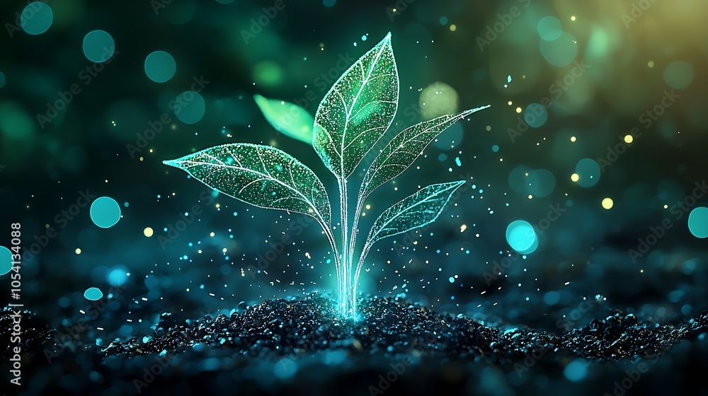 Aufkleber glowing plant sprout emerging from soil with ethereal light in a magical forest setting : generative