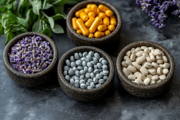 Fototapeta premium Assorted herbal supplements and capsules in stone bowls with lavender flowers in the background symbolizing natural health holistic wellness and the role of herbal remedies in modern healthcare