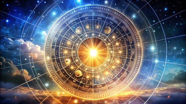 Majestic astrological zodiac wheel with celestial bodies and cosmic energy for astrology enthusiasts