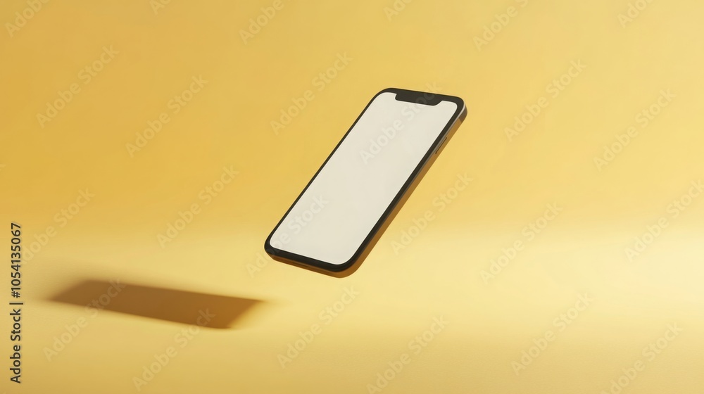 Aufkleber A sleek smartphone hovers in mid-air, showcasing its minimalist design against a bright yellow background. The lighting highlights the device's smooth edges, creating a dynamic visual contrast.